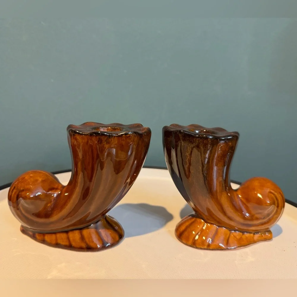 Pair of Anna Van Briggle Pottery Brown Drip Horn Cornucopia Candle Holders MCM